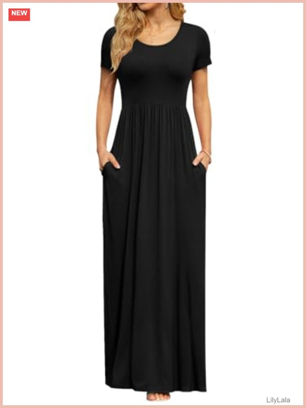 DB MOON Women's Maxi Dress Short Sleeve Empire Waist Pockets Rayon Spandex